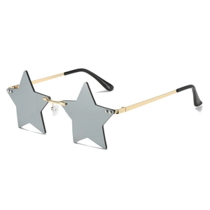 Star shaped rimless sunglasses with silver mirrored lenses and gold metal frames