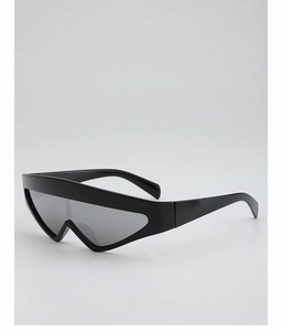 Detail view of futuristic black frame sunglasses with silver mirrored triangle lenses