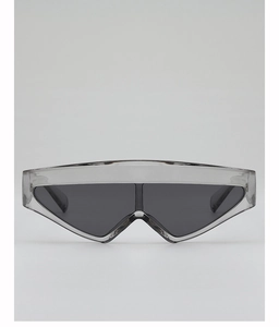 Close-up of trendy grey translucent frame sunglasses with dark grey UV protective lenses