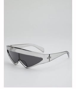 Detail view of the wide temples and printed model number on futuristic wrap sunglasses