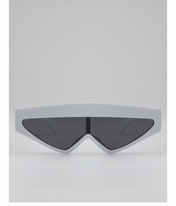 Front view of white oversized shield sunglasses with dark grey UV protective lenses