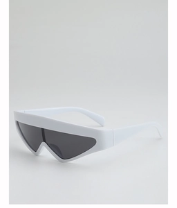 Side view of avant-garde shield sunglasses with white wide frame and dark grey lens
