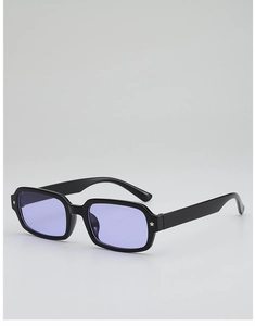 Detail of square black frame sunglasses with light purple lenses and silver star accents