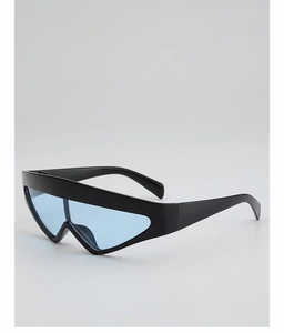 Futuristic oversized black frame sunglasses with light blue shield-style flat-top lenses
