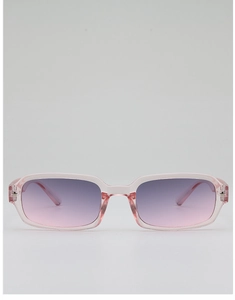 Detailed front view of rectangular transparent pink frames with purple gradient lenses