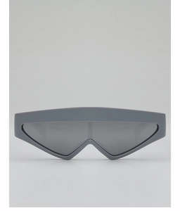 Symmetry view of matte grey futuristic shield sunglasses with sharp 3D frame design