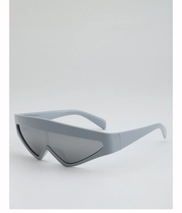 Detail view of silver mirrored lenses and light grey V-shaped frames on visor sunglasses