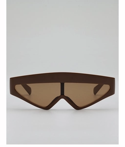 Front view of brown futuristic shield sunglasses with a matte geometric frame