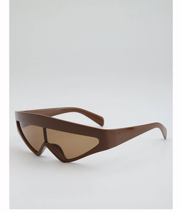 Side view of trendy oversized visor sunglasses with dark brown polished frames