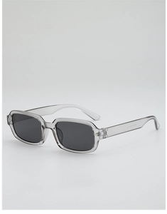 Close-up of wide temple design and integrated nose pads on transparent grey retro sunglasses