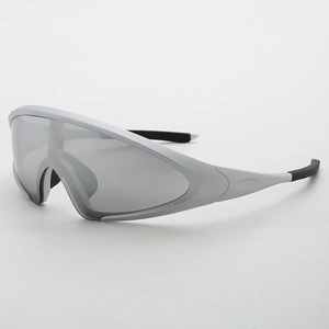 Futuristic wraparound sports sunglasses with matte silver frame for outdoor cycling and wind protection