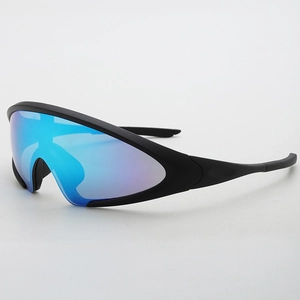 Futuristic wrap-around cycling sunglasses with blue gradient shield lens and matte black frame