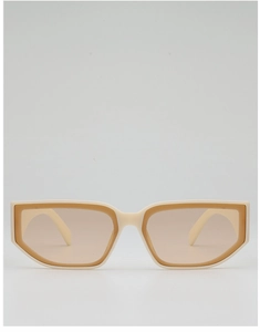 Détail frontal de lunettes de soleil œil-de-chat beige vintage à double monture