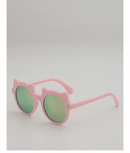 Detailansicht der rosa Kinder-Sonnenbrille mit Katzenohren und grün verspiegelten Gläsern