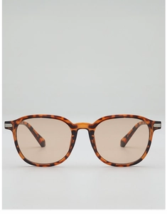 Détail de lunettes de soleil en écaille avec garniture argentée et verres marron clair