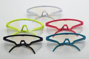 Macro detail of ergonomic polarized cycling glasses available in five vibrant colors