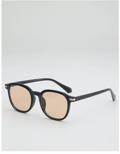 Vue détaillée de lunettes de soleil rondes avec accents argentés et verres marron clair