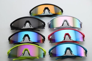 Collection of polarized cycling sunglasses in seven vibrant colors with oversized frames