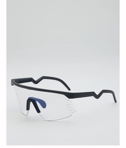 Detail view of large cycling glasses with wave-shaped temples and blue soft nose pads