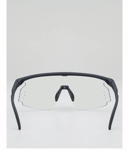Detail view of sports goggles with black half-frame and clear wide-vision safety lenses