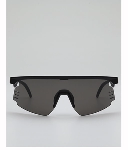 Detail of matte black cycling glasses with anti-fog side vents and oversized gray lens