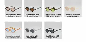 Detail view of oval retro sunglasses showing seven stylish frame and lens color options