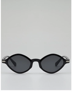 Detail of black irregular polygon sunglasses with silver metal stripes on temple