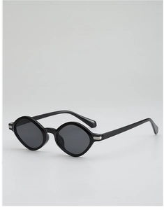 Detail view of black polygon sunglasses featuring silver metal stripe accents on the temples