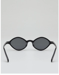 Rear view of black polygon sunglasses with glossy frames and dark lenses on a clean background