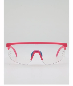 Close-up of pink sports sunglasses frame with clear lenses and side ventilation holes
