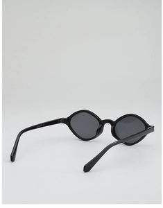 Close-up of black irregular frame sunglasses with size 49-22-143 on the inner temple