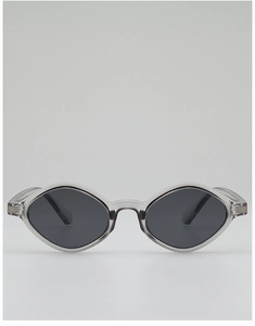 Detail of transparent grey irregular cat eye sunglasses with brushed metal temple accents