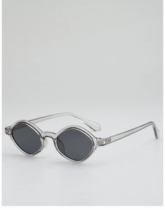 Detail view of transparent grey polygonal sunglasses with dark grey lenses and item code