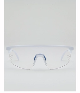 Front detail of white sports sunglasses with clear lenses and blue rubber nose pads