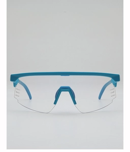 Close-up of sky blue sports sunglasses with anti-slip nose pads and ventilation vents