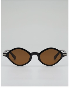 Front view of small polygon sunglasses with black frames and silver metal temple accents