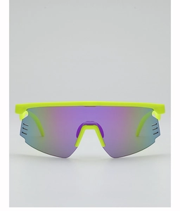 Close-up of polarized purple lens with side vents on fluorescent yellow cycling glasses