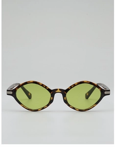 Close-up of tortoise shell frame sunglasses with light green lenses and silver temple detail