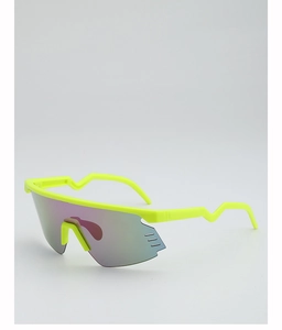 Detail view of fluorescent yellow cycling glasses with polarized lenses and side vents