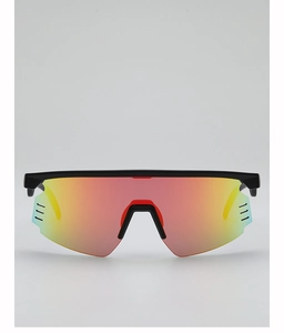 Detail view of colorful polarized cycling glasses with side ventilation and yellow temples