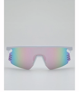 Detail view of large white frame sports sunglasses with rainbow reflective polarized lenses