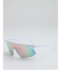 Detail of white sport sunglasses featuring wave-shaped arms and colorful polarized lenses