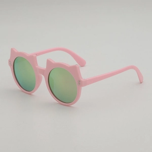 Rosafarbene Kinder-Sonnenbrille mit Katzenohren und grün verspiegelten Gläsern mit UV-Schutz