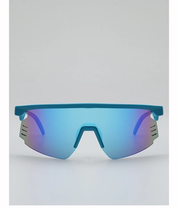 Detail of large-frame cycling sunglasses with colorful lenses and side ventilation vents
