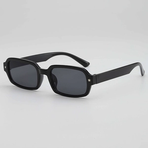 Retro square black frame sunglasses with dark grey lenses and silver star accents