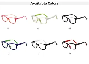 Selection of six colorful kids' square eyeglasses frames in various vibrant color combinations