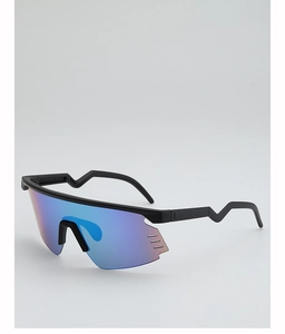 Detail view of large frame cycling sunglasses featuring blue-purple gradient lenses