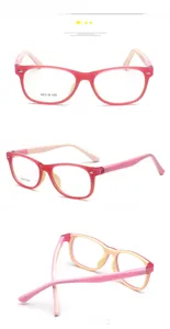 Three perspectives showing pink candy-colored kids glasses frames with size 48-15-135