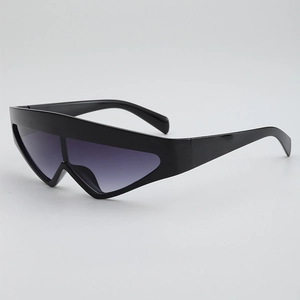 Futuristic oversized shield sunglasses with black frame and purple gradient lenses