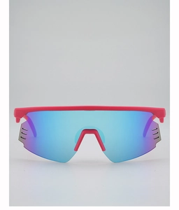 Detail of pink cycling glasses with blue gradient lenses and side ventilation vents